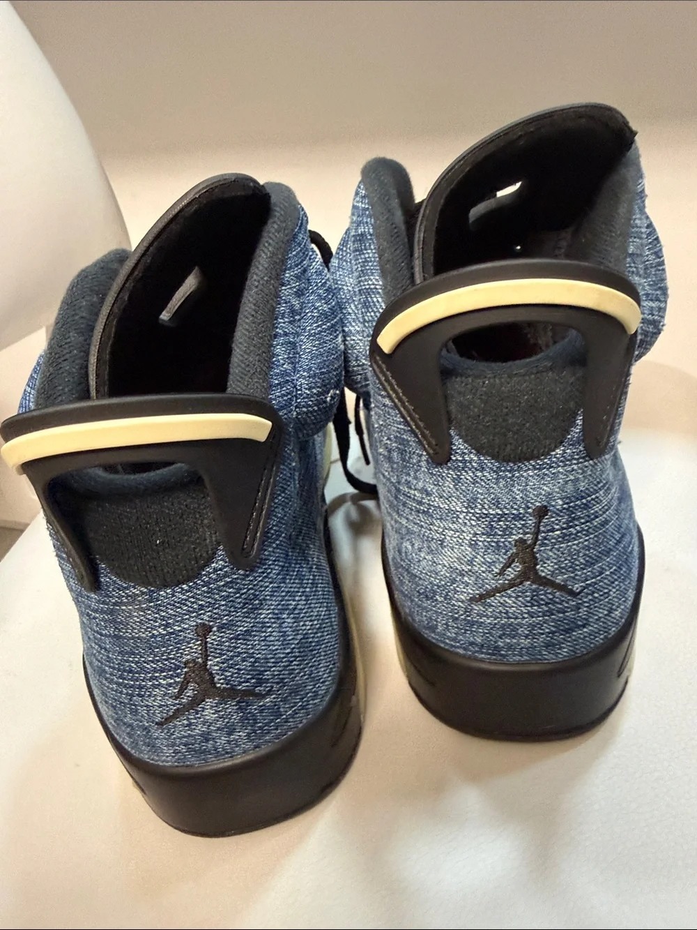 Nike High-Top Denim-Look Sneakers in Blue, Black & Tan with Red Lace Locks